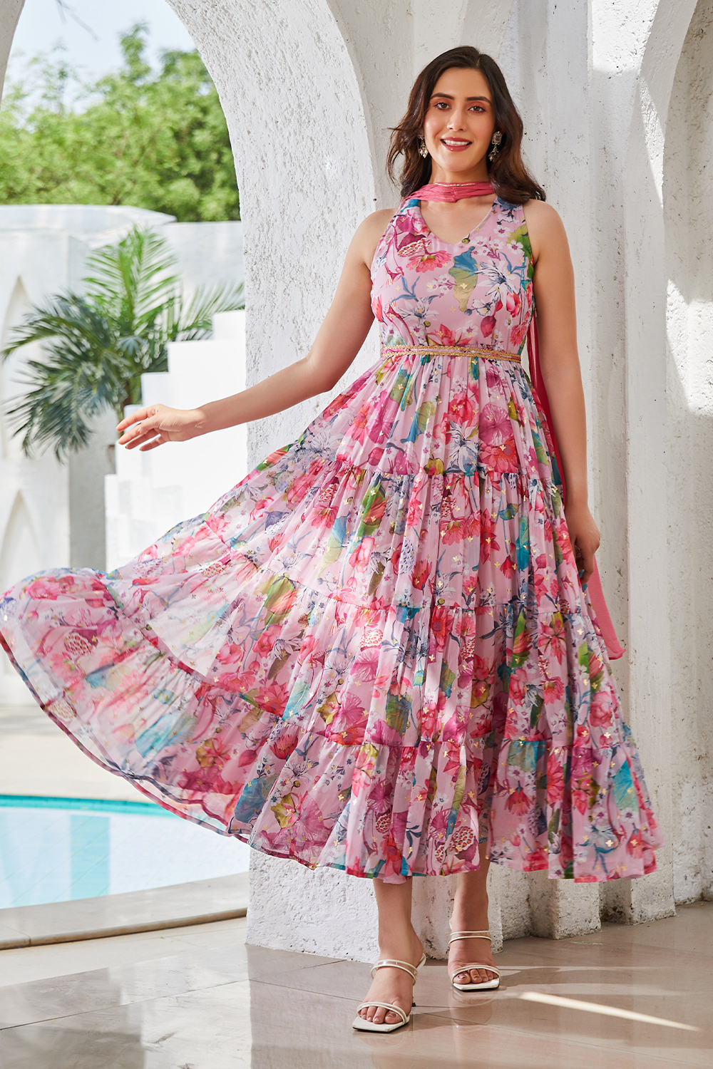 Pink Floral Printed Tiered Anarkali Kurta Biba India