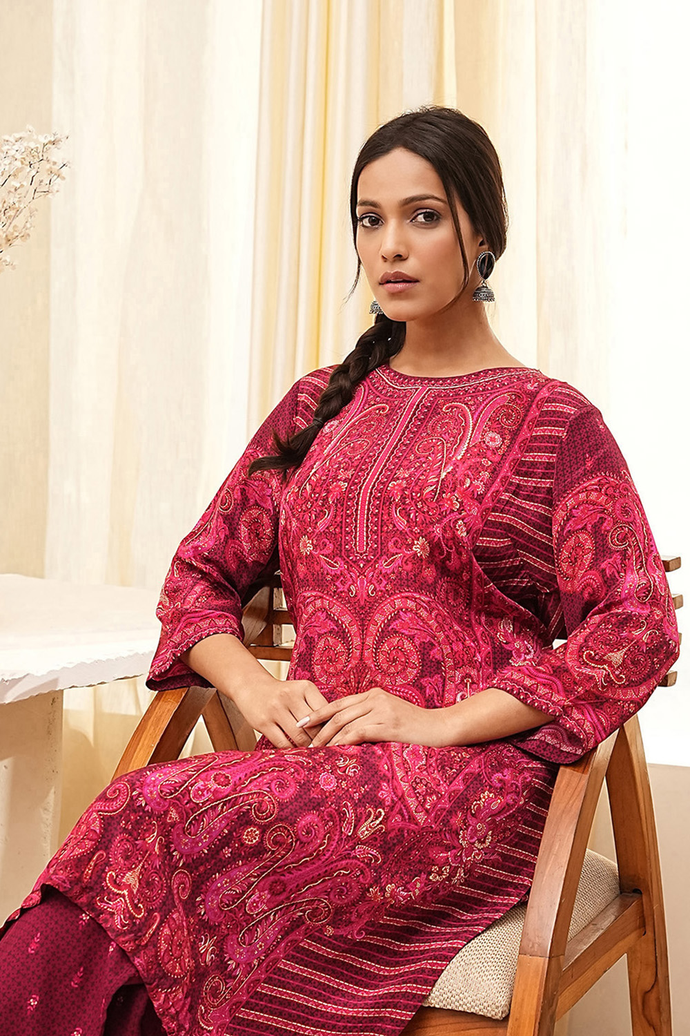 Burgundy Crepe Printed Straight Kurta Set image number 7