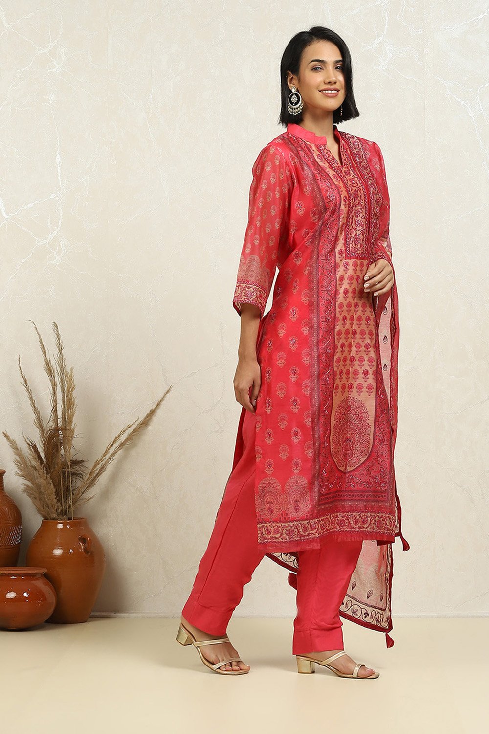 Pink Chanderi Printed Embroidered Unstitched Suit Set image number 6