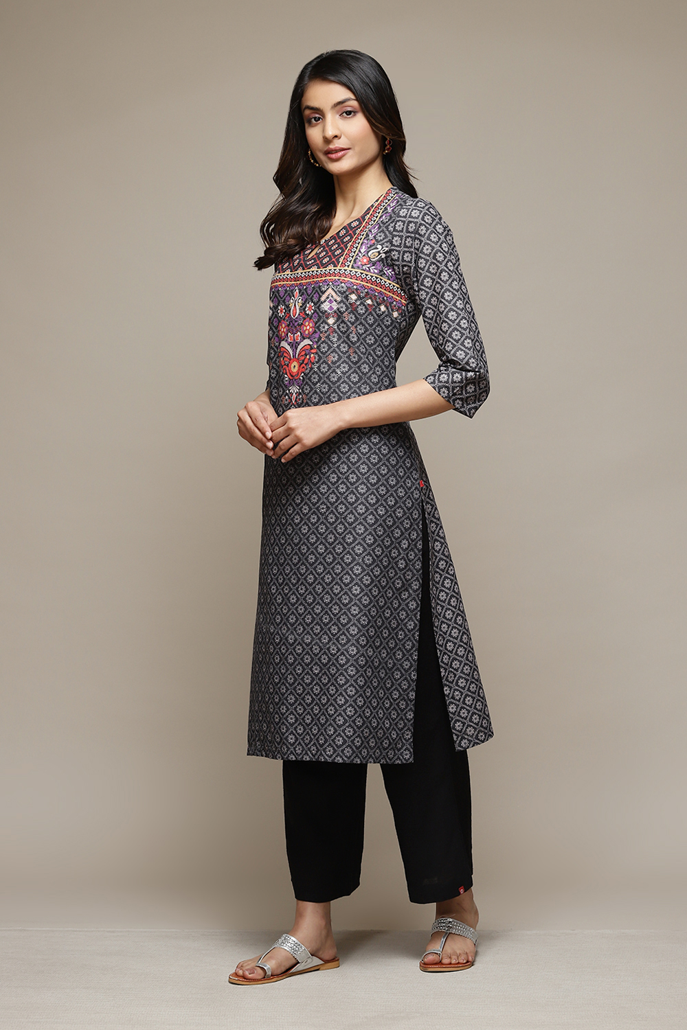 Black Cotton Straight Printed Kurta image number 2