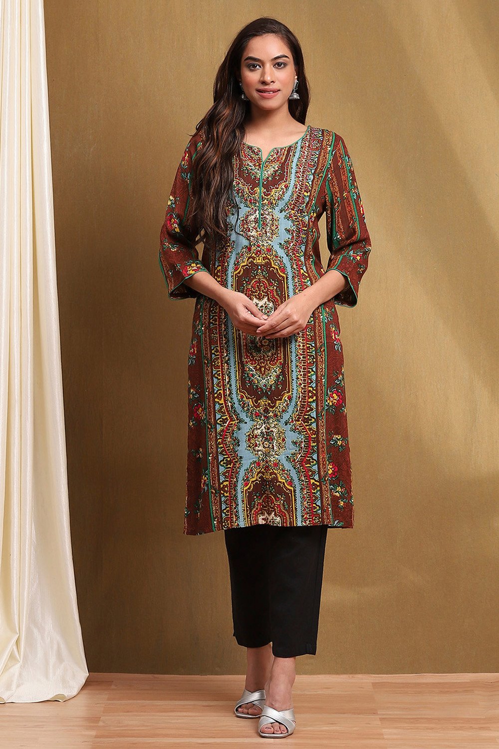 Brown Hand-Block Printed Straight Kurta image number 5