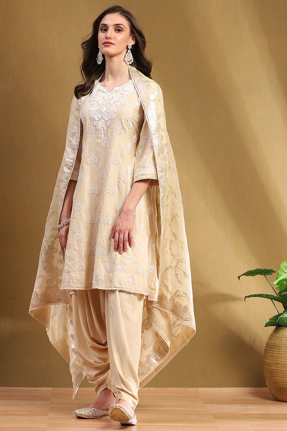 Beige Silk Chanderi Embroidered Kalidar Suit Set image number 0