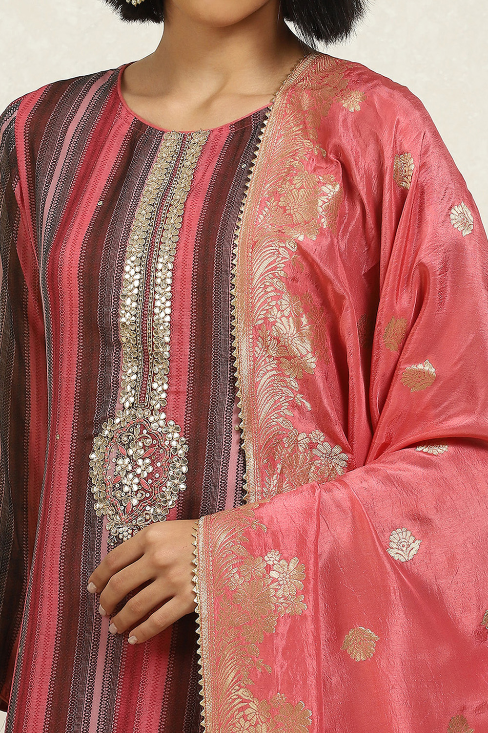 Pink Organza Hand Embroidered Unstitched Suit Set image number 2