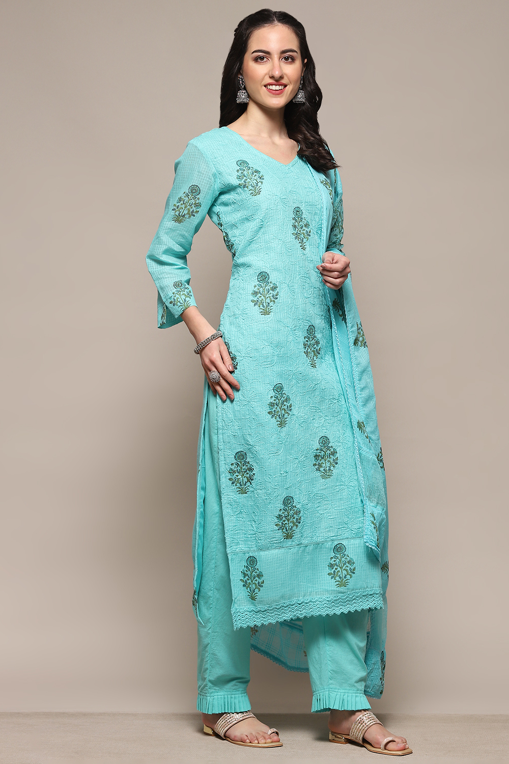 Pista Green Cotton Blend Unstitched Suit set image number 7