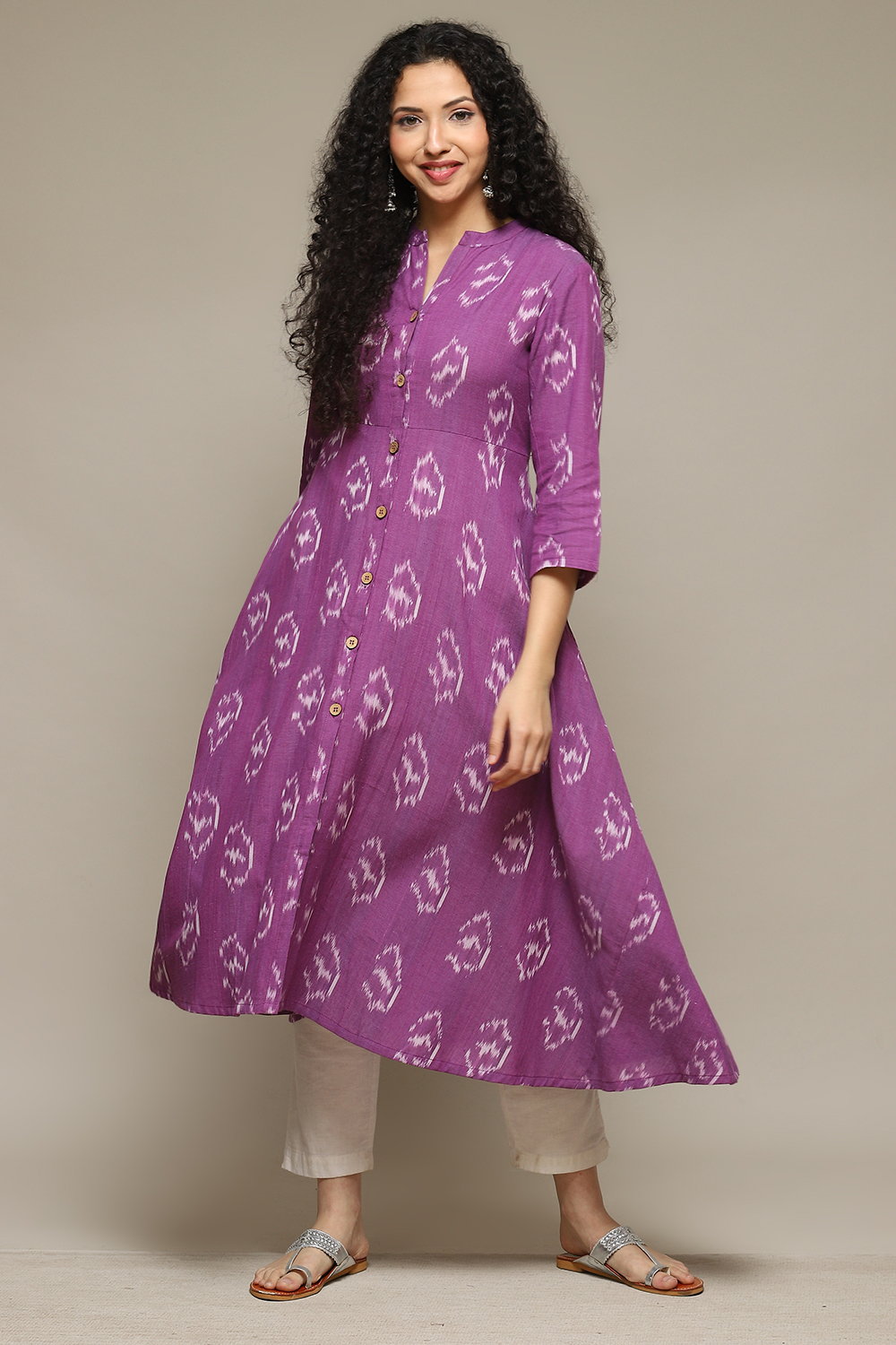 Purple Cotton IKAT Flared Yarndyed Kurta image number 2