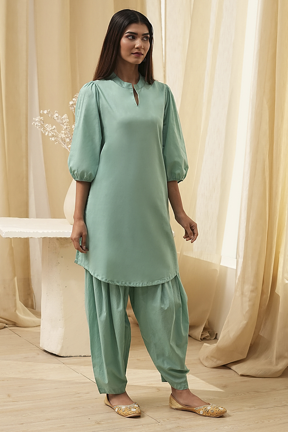 Sage Green Cotton Straight Suit Set image number 7