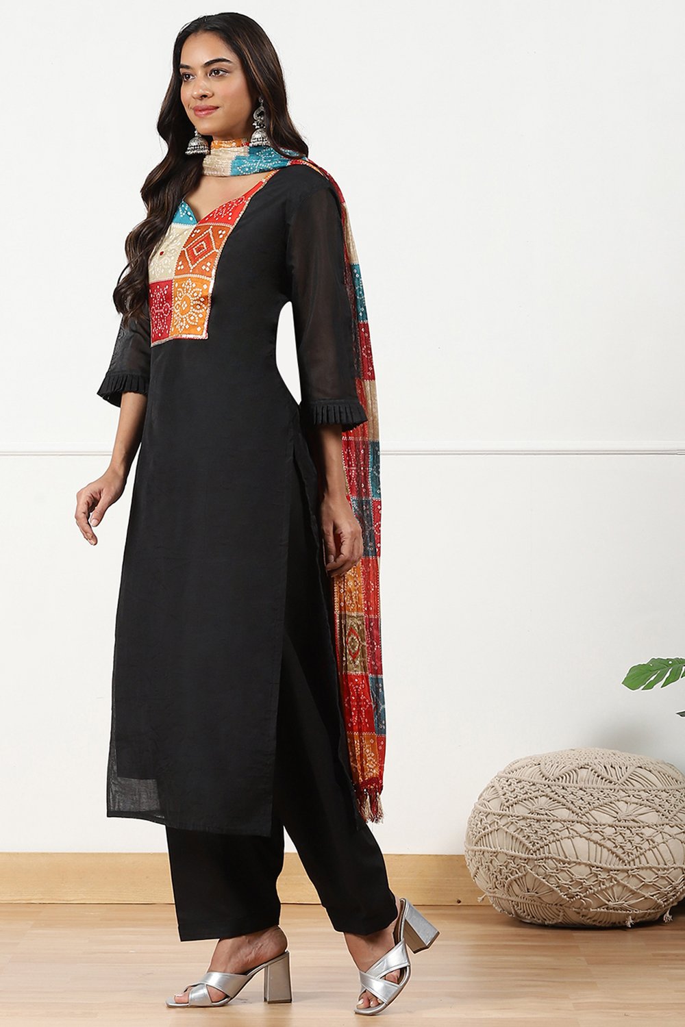 Black Chanderi Jaipuri Work Unstitched Suit Set image number 6