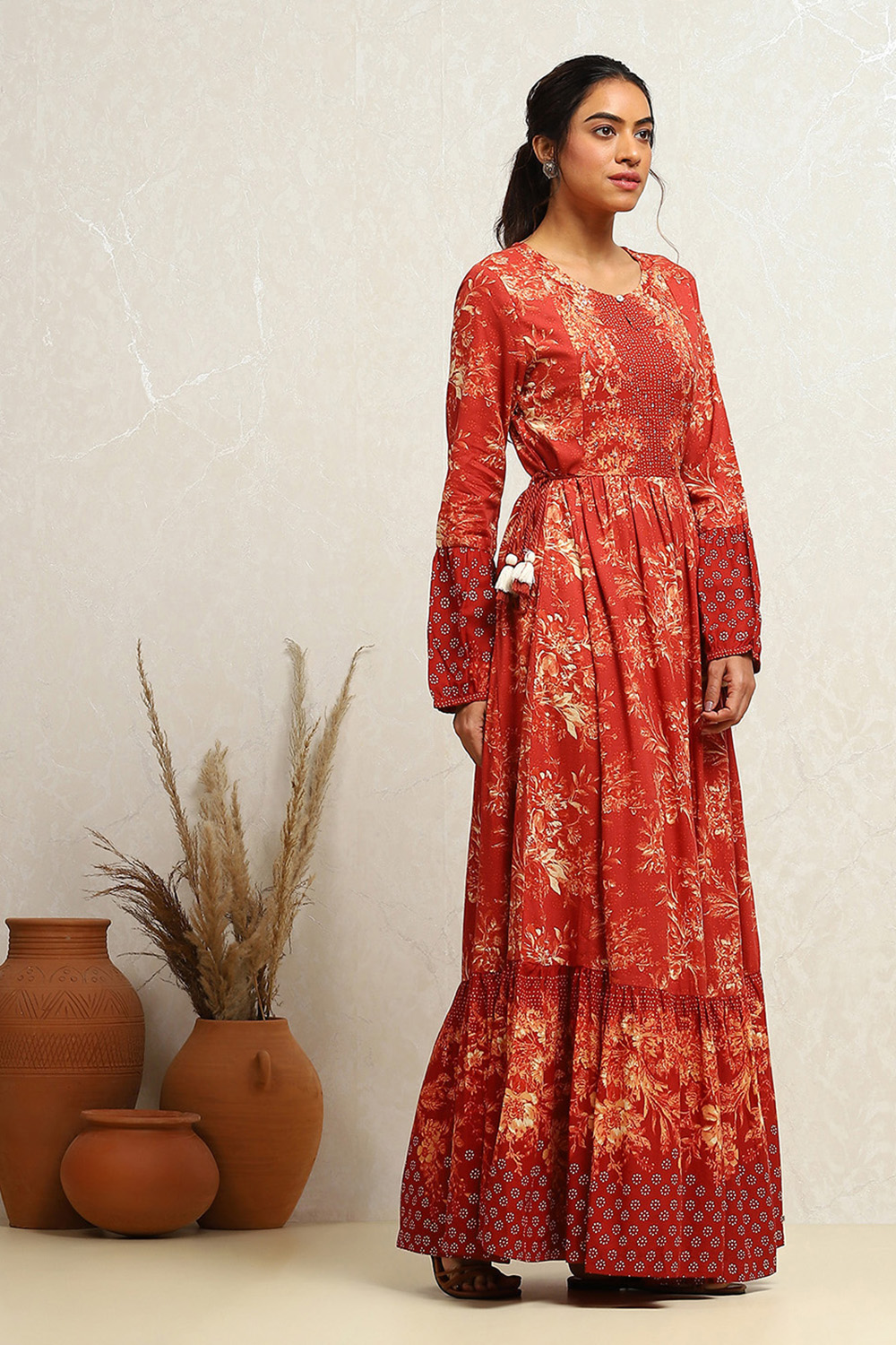 Rust Floral Printed Tiered Flared Dress image number 0