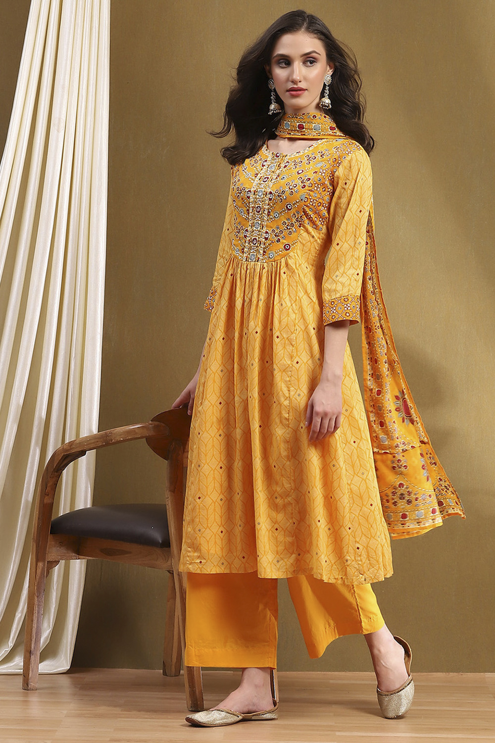 Mustard Yellow Cotton Printed Flared Festive Suit Set image number 0