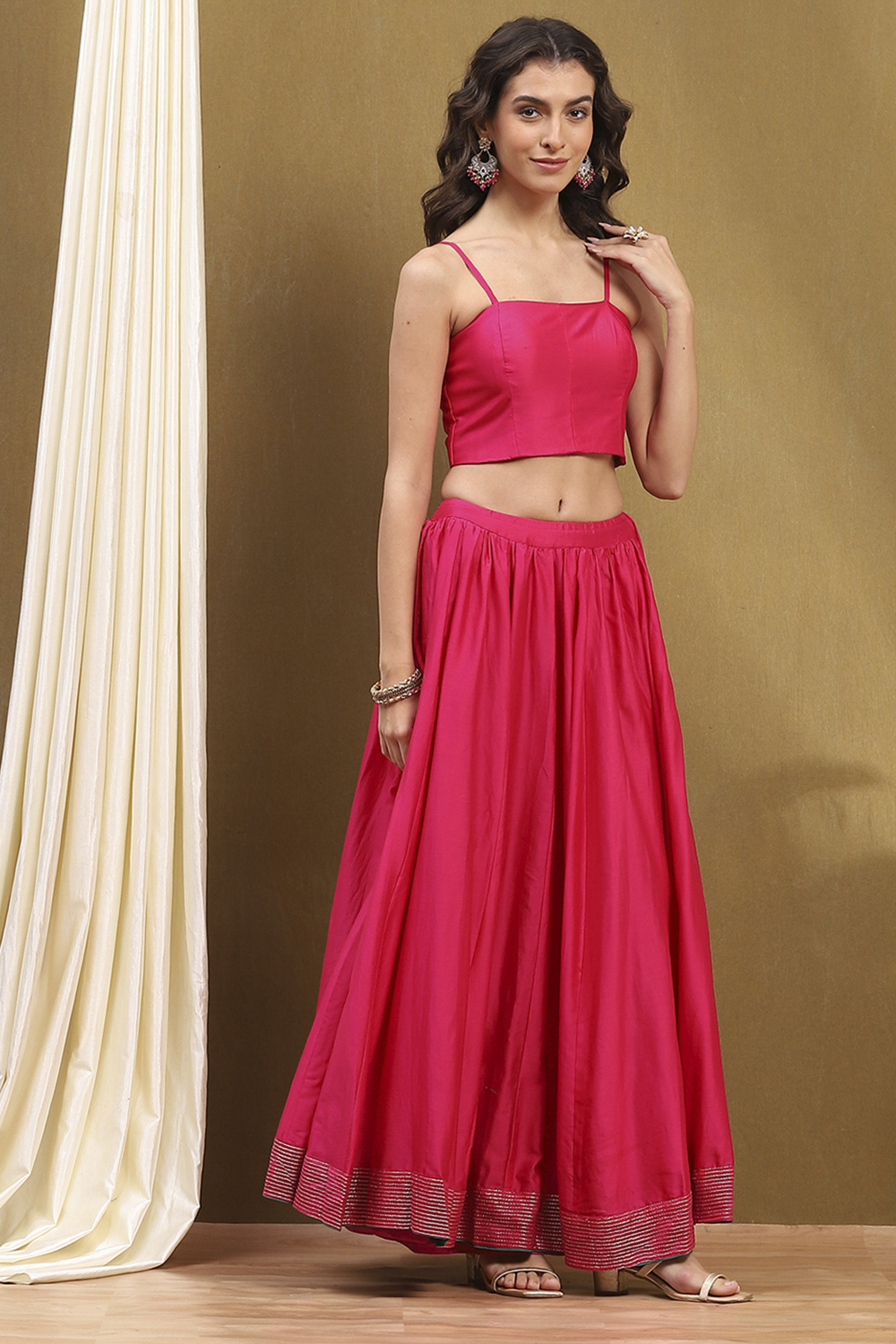 Fuchsia Silk Chanderi Festive Lightweight Flared Lehenga Set image number 8