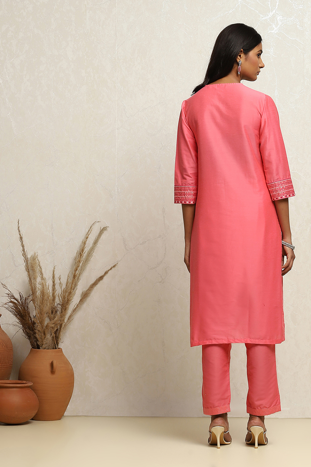 Light Pink Solid Festive Straight Suit Set image number 4