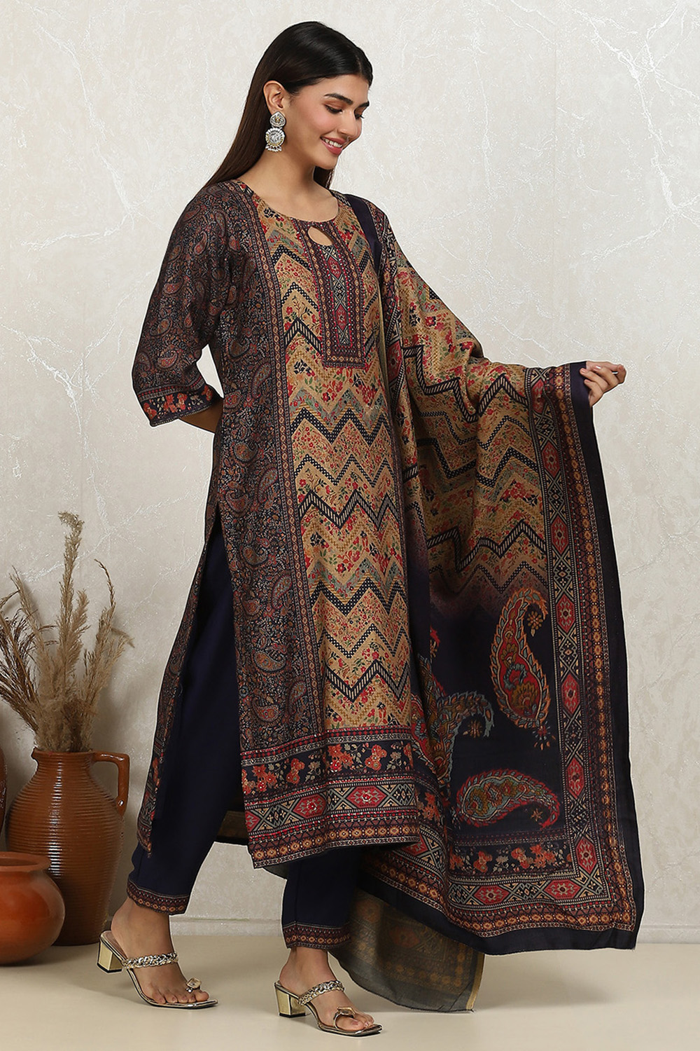 Navy Blue Pashmina Machine Embroidery Unstitched Suit Set image number 1