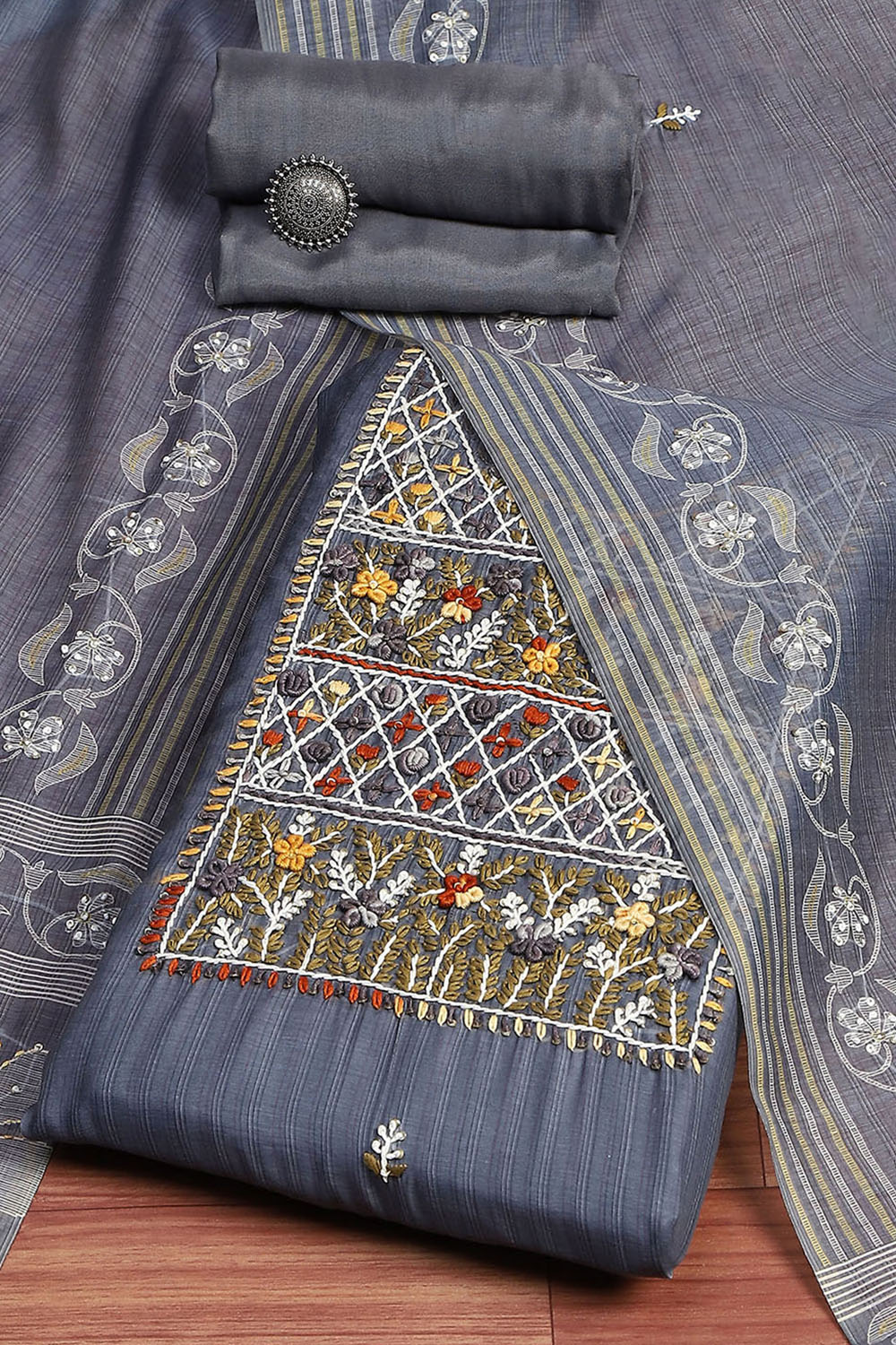 Grey Chanderi Hand Embroidered Unstitched Suit Set image number 0