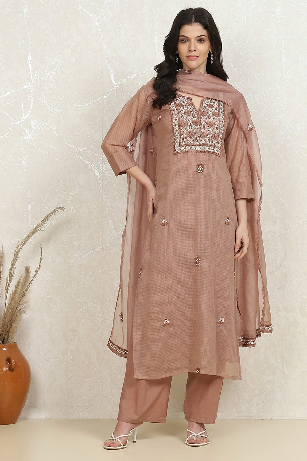 Brown Cotton Hand Embroidered Unstitched Suit Set image number 7