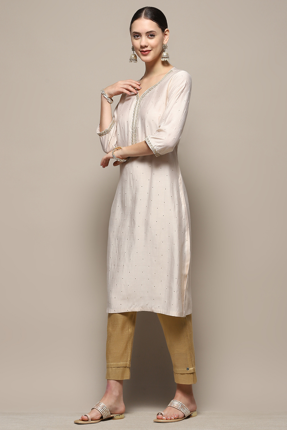 Beige Embellished Festive Straight Kurta image number 3