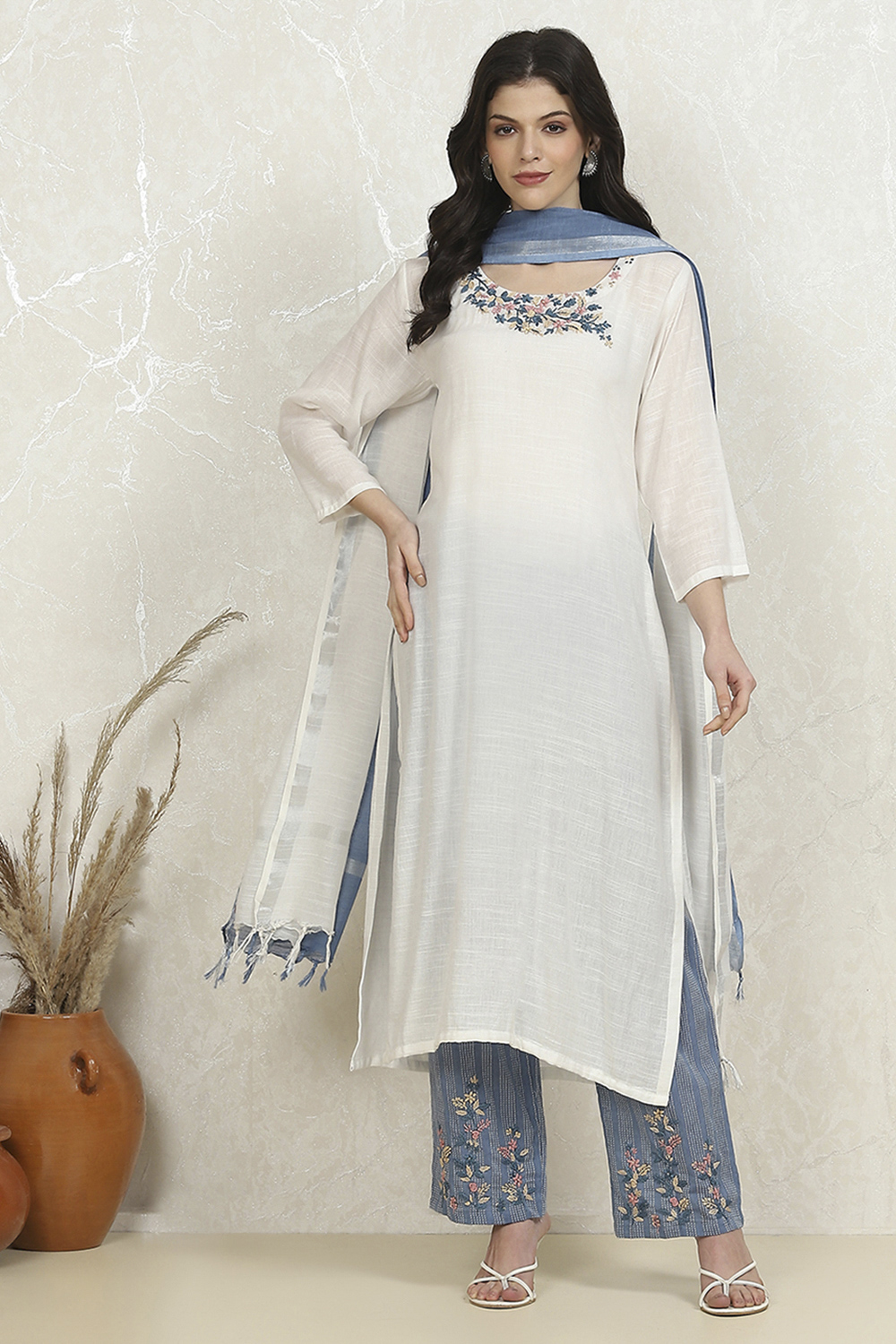 White Linen Hand Embroidered Unstitched Suit Set image number 7