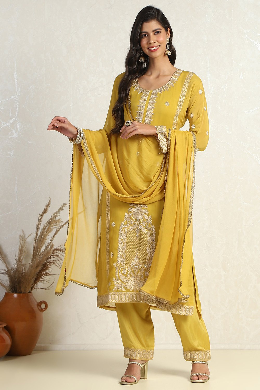 Mustard Organza Machine Embroidered Unstitched Suit Set image number 1