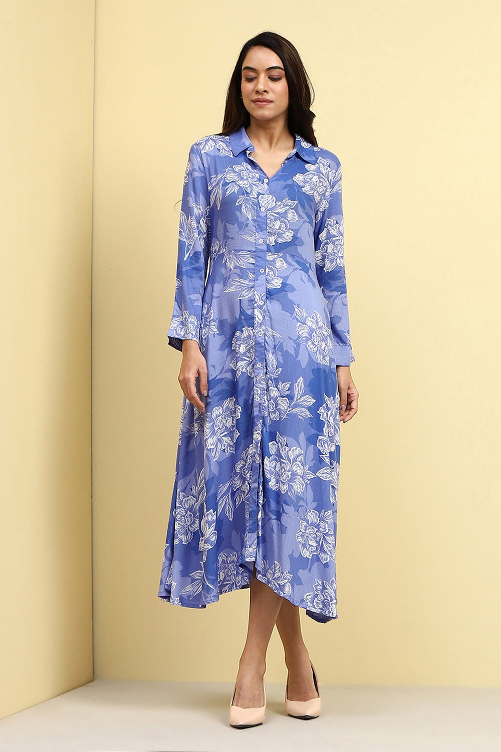 Blue Floral Printed Shirt Style A-line Dress image number 0