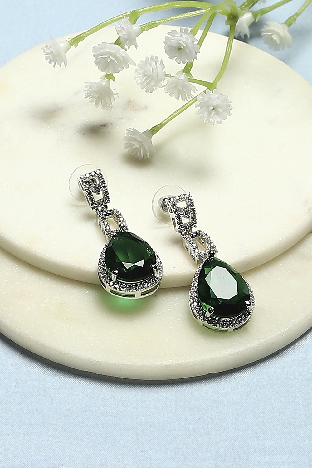 Green Silver-Plated CZ Studded Tear Drop Danglers image number 0