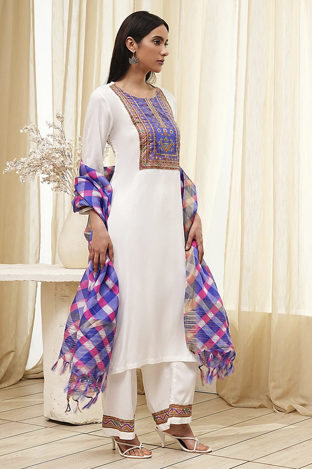 Off White & Blue Rayon Straight Kurta Palazzo Suit Set image number 5