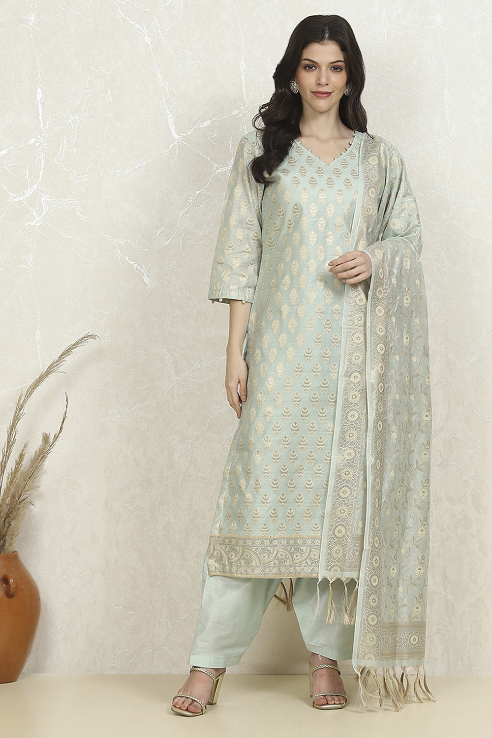 Peach Art Silk Woven Unstitched Suit Set image number 7