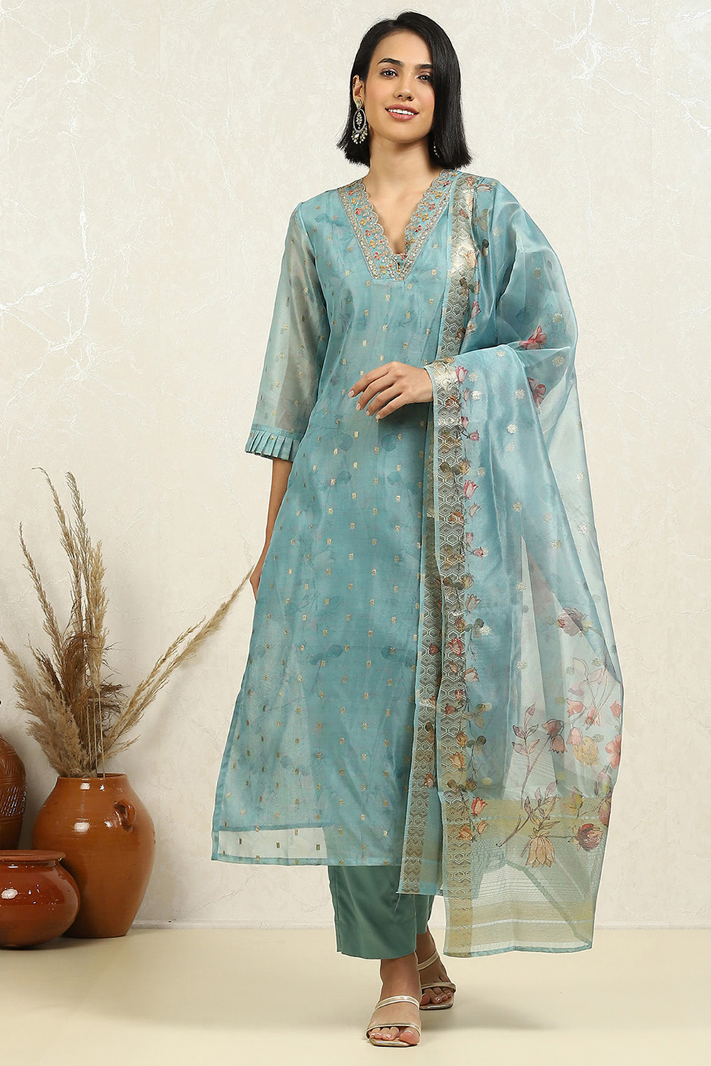 Blue Silk Blend Hand Embroidered Unstitched Suit Set image number 1