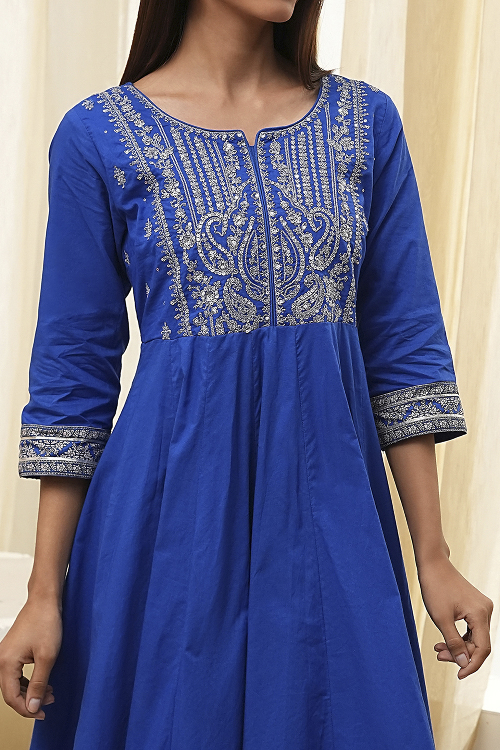 Blue Cotton Embroidered Anarkali Suit Set image number 1