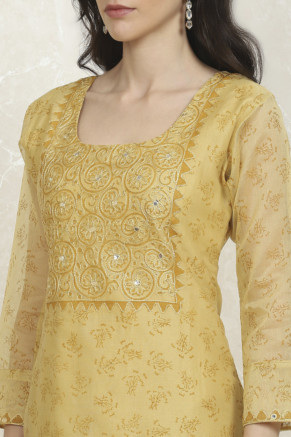 Mustard Net Hand Embroidered Unstitched Suit Set image number 2