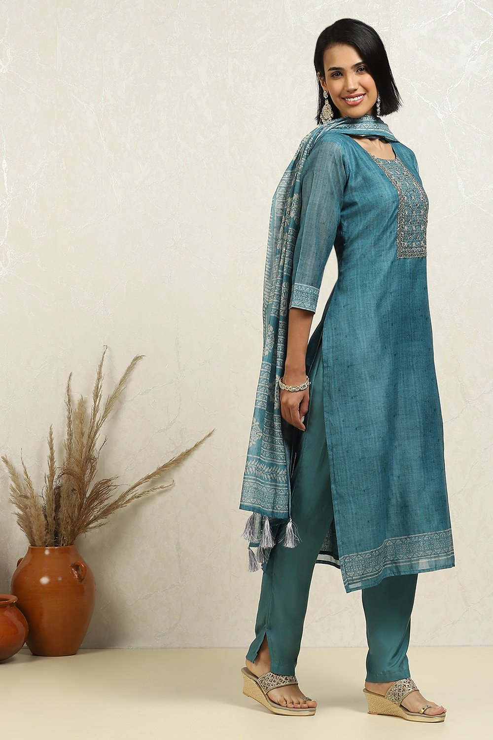 Blue Chanderi Hand Embroidered Unstitched Suit Set image number 2