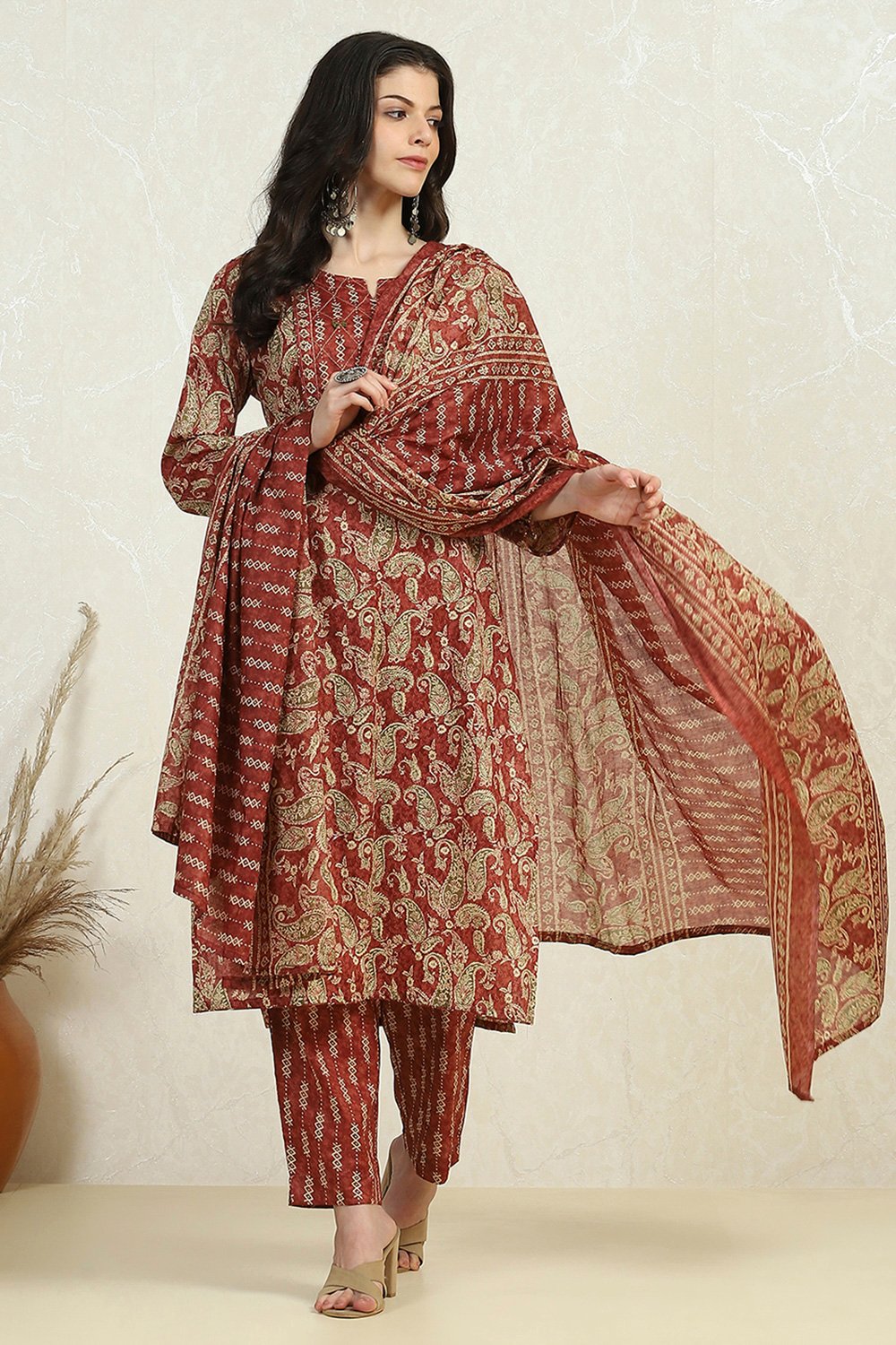 Maroon Cotton Printed Embroidered Unstitched Suit Set image number 1