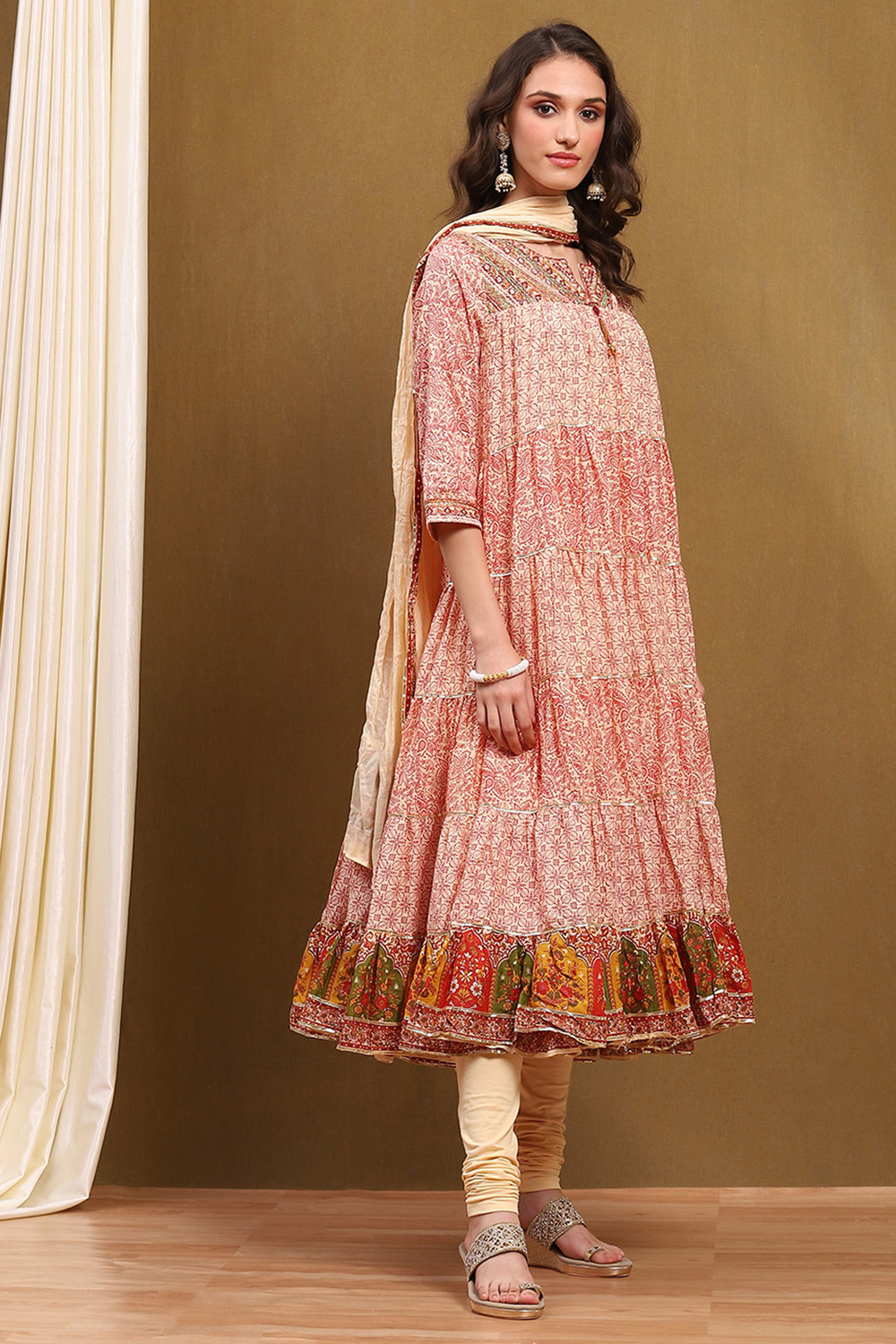 Ecru Cotton Printed Tiered Anarkali Suit Set image number 5