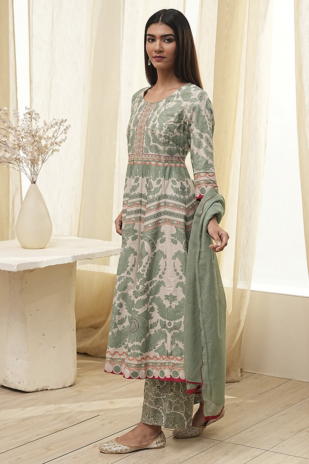 Green Cotton Printed Anarkali Suit Set image number 3