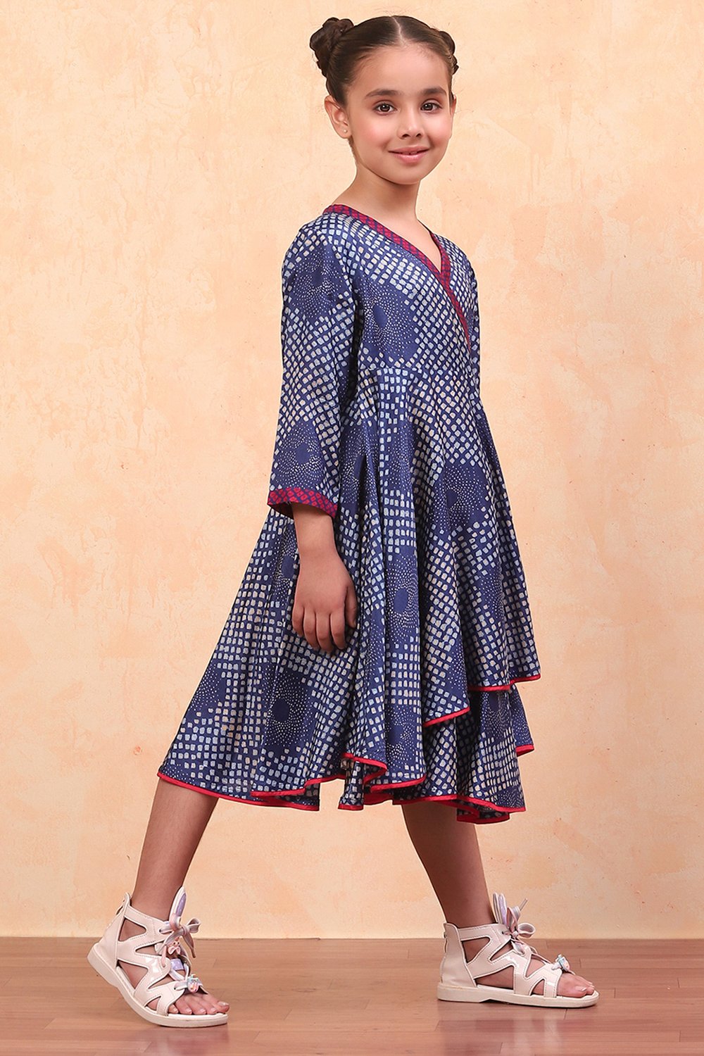 Blue Geometric Printed Flared Asymmetric Dress image number 4