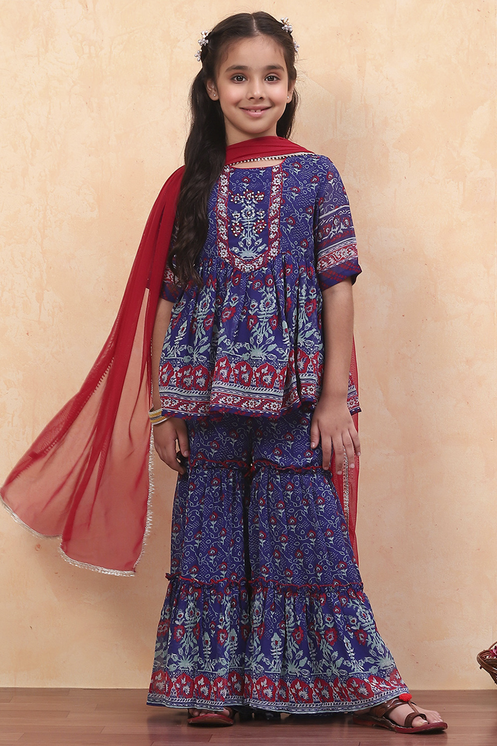 Blue Floral Georgette Gathered Flared Festive Suit Set image number 6