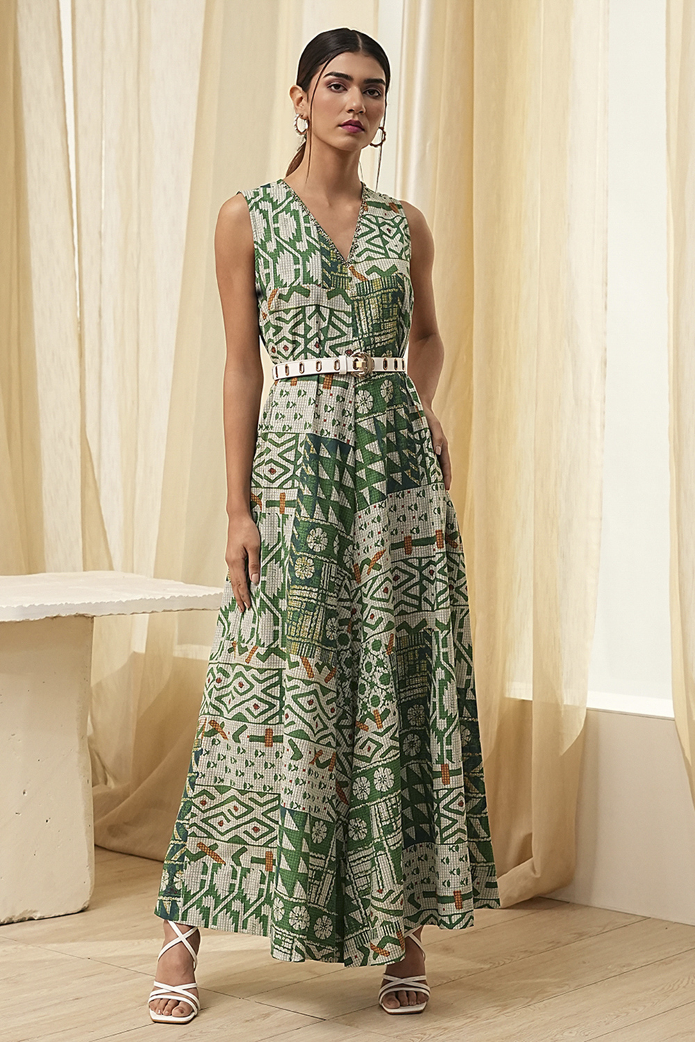 Green Cotton Printed Flared Jumpsuit image number 5