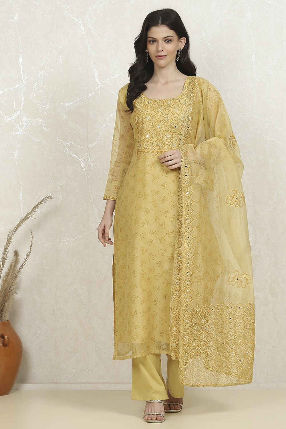 Mustard Net Hand Embroidered Unstitched Suit Set image number 7