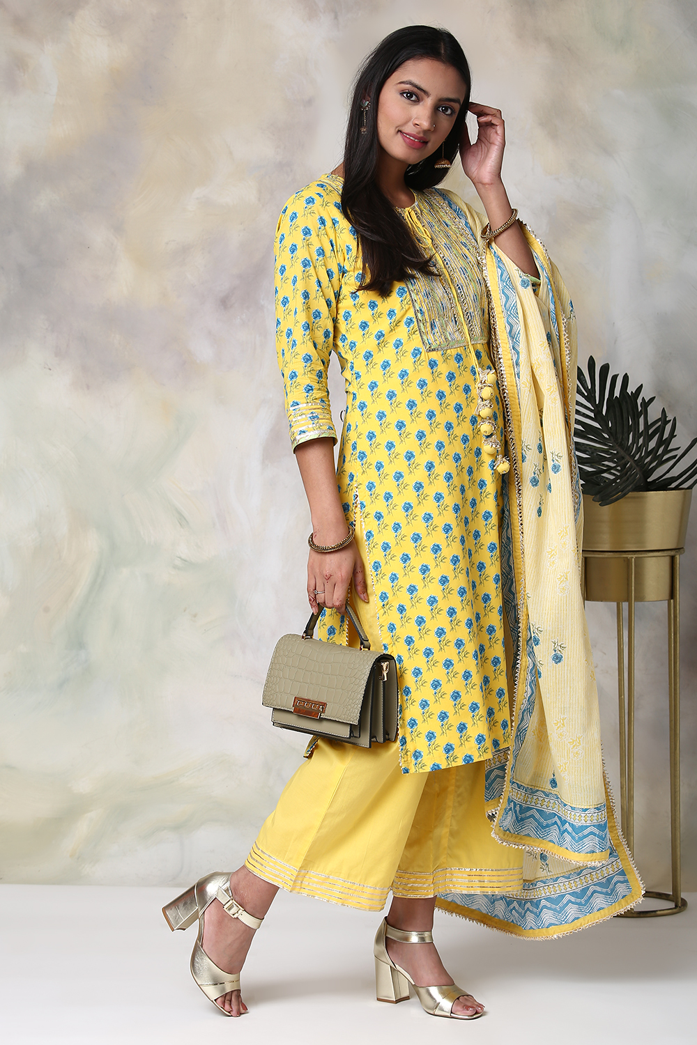 Yellow Cotton Straight Kurta Palazzo Suit Set image number 4