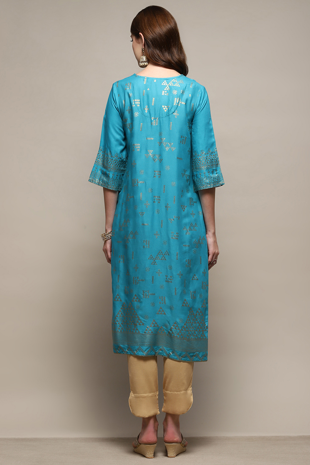 Turquoise Rayon A-Line Printed Kurta image number 2