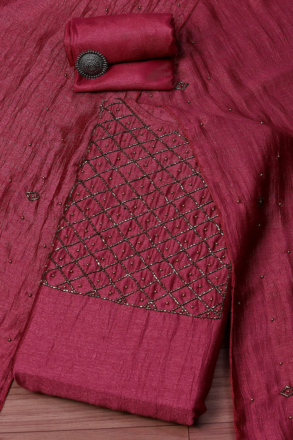 Dark Maroon Silk Blend Unstitched Suit Set image number 0