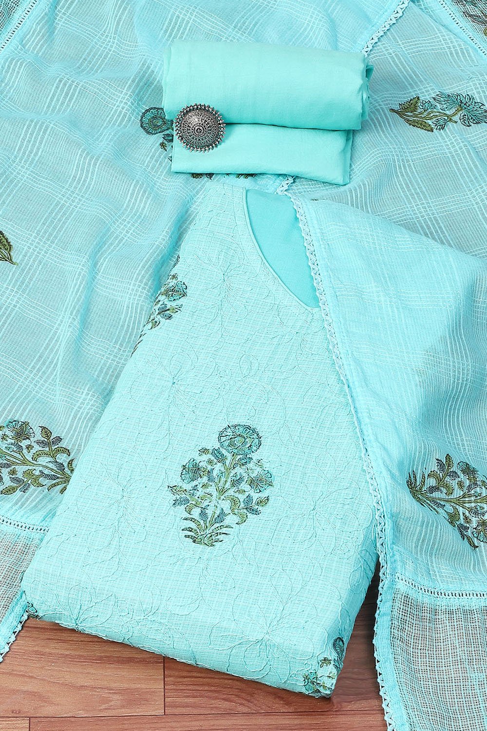 Pista Green Cotton Blend Unstitched Suit set image number 0