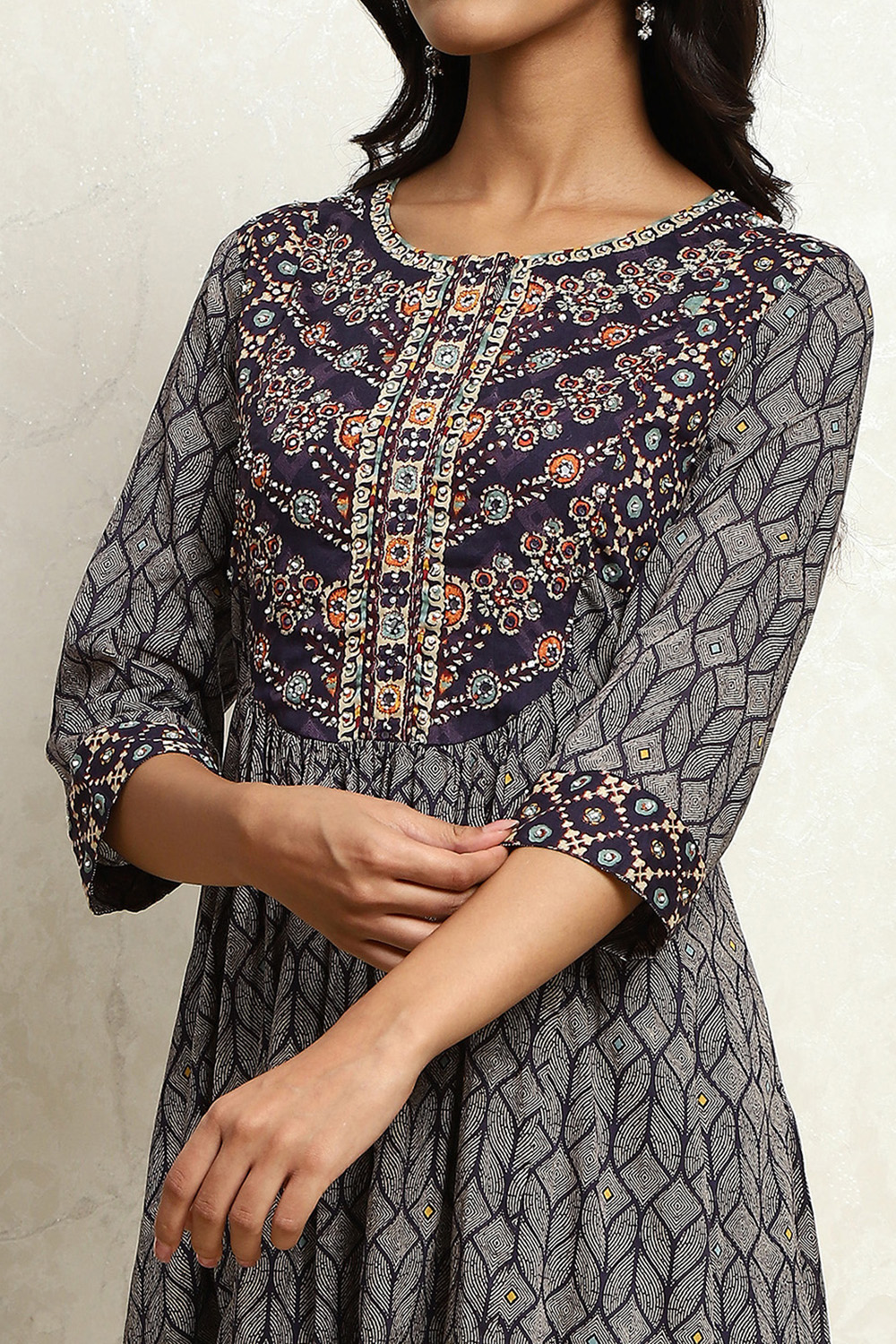 Indigo Cotton Printed Flared Festive Suit Set image number 1