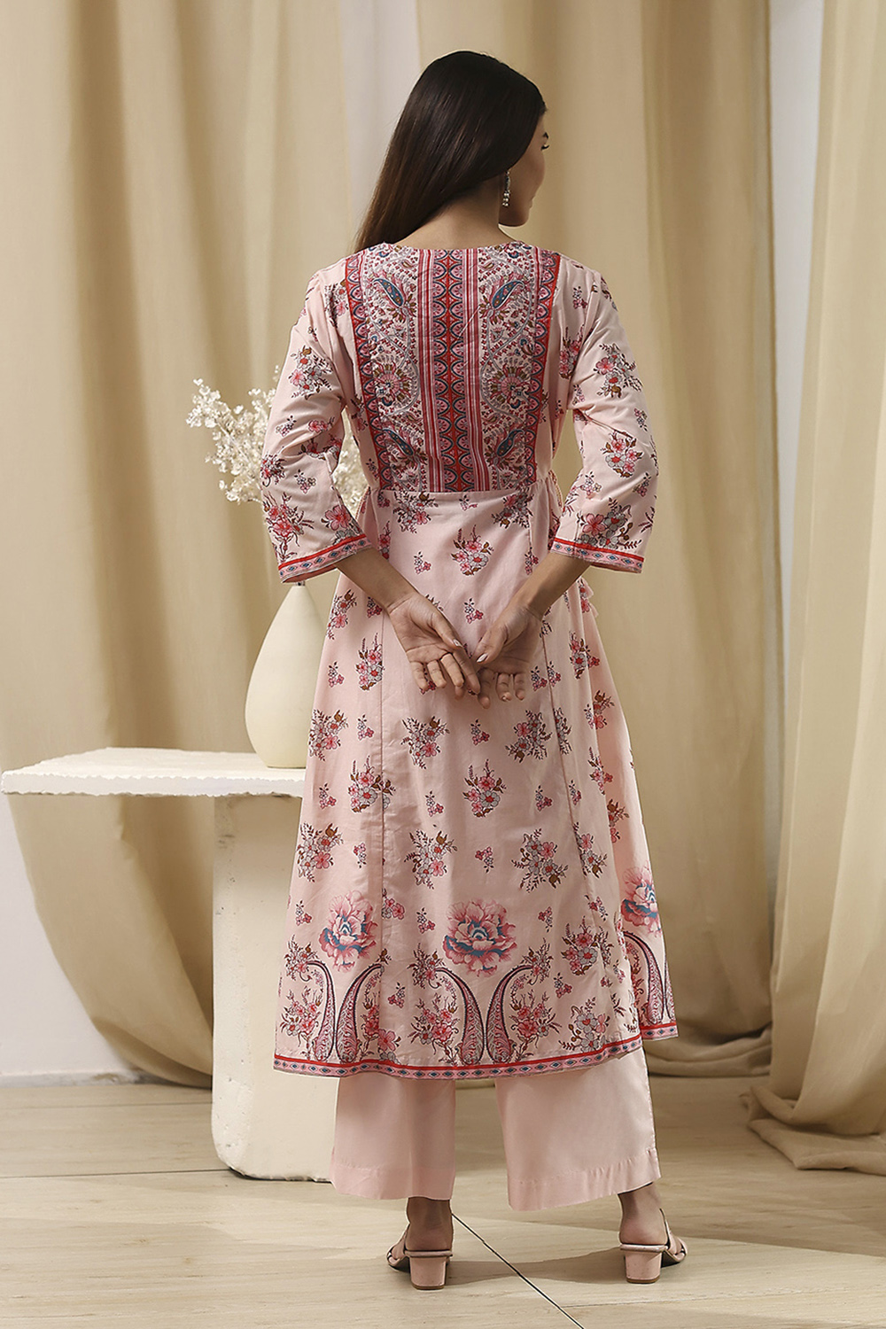 Peach-Colored Cotton Floral Flared Suit Set image number 4