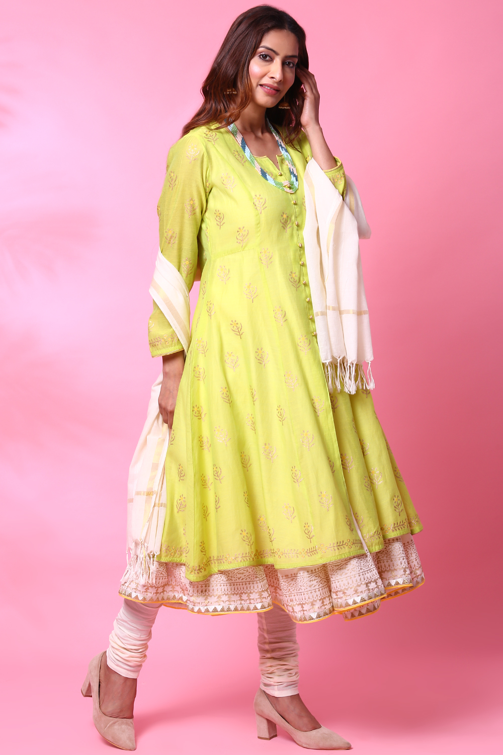 Lime Green Double Flared Kurta Churidar Suit Set image number 4