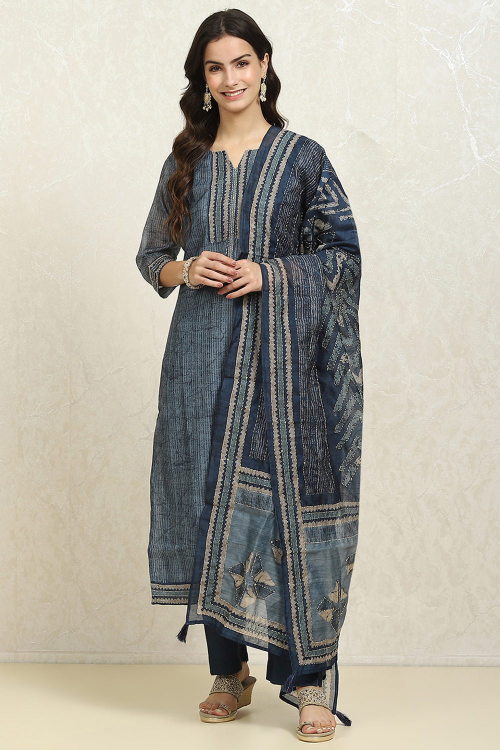 Grey Chanderi Blend Hand Embroidered Unstitched Suit Set image number 1