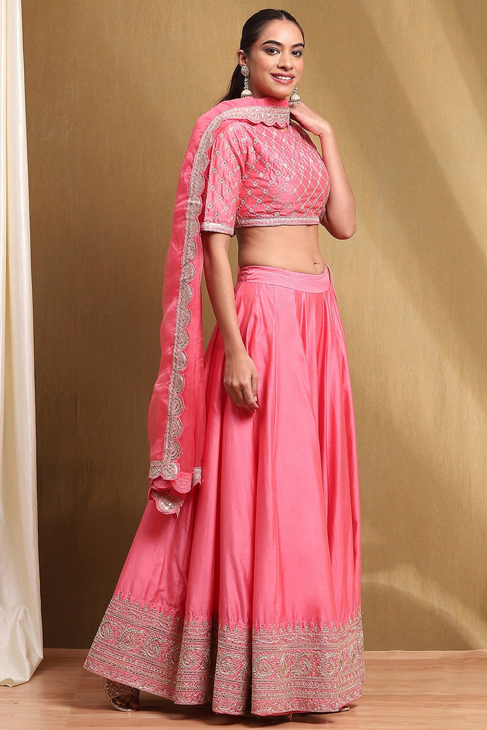 Coral Cotton Blend Straight Lehengas & Skirt Set image number 5