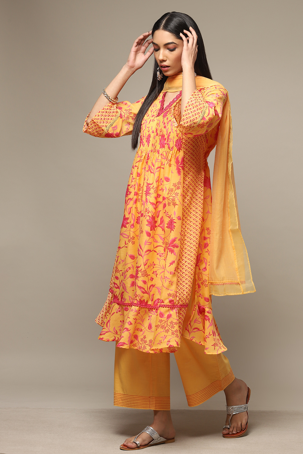 Mango Cotton Blend Gathered Kurta Palazzo Suit Set image number 5