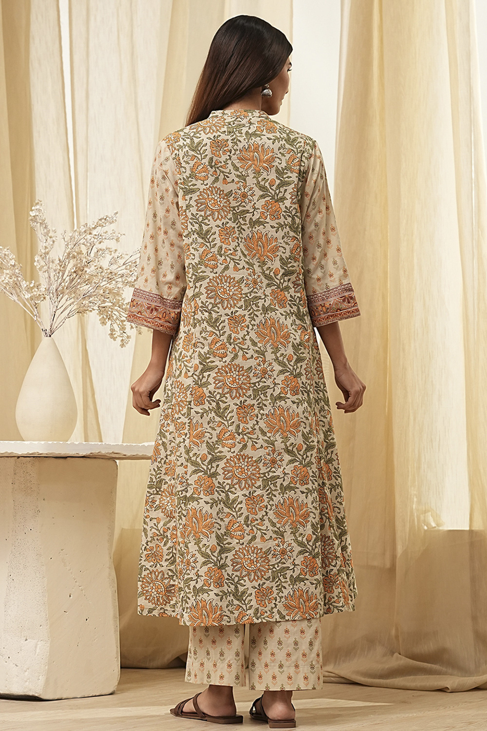 Beige Pure Cotton Floral Kalidar Kurta Set image number 4