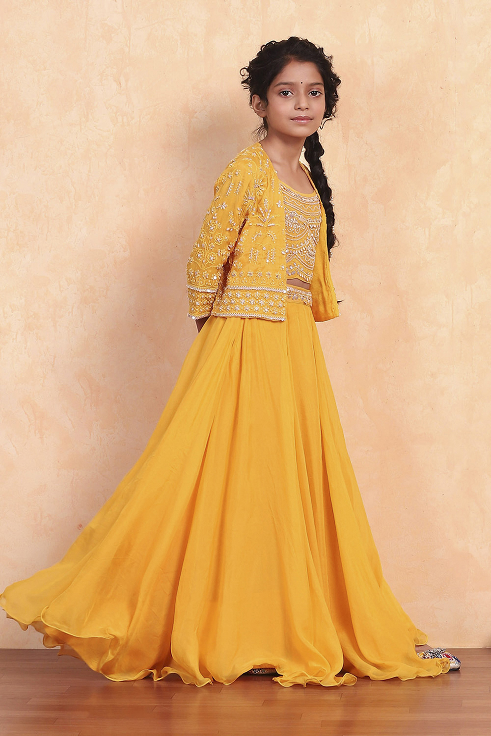 Ochre Viscose Blend Short Straight Lehenga Set image number 5