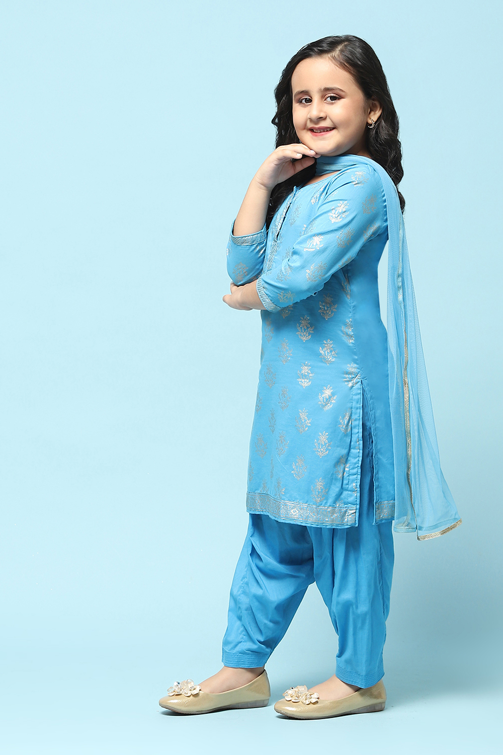 Turquoise Cotton Straight Printed Kurta Patiala Salwar Suit Set image number 4