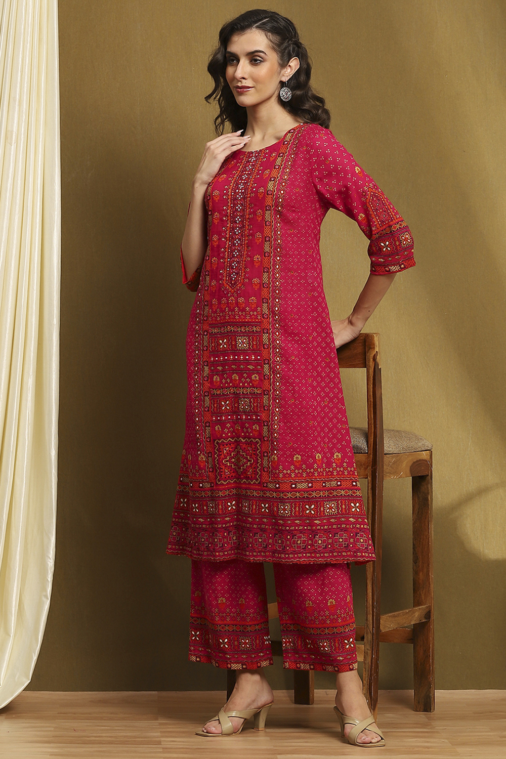 Fuchsia Cotton A Line Suit Set image number 0